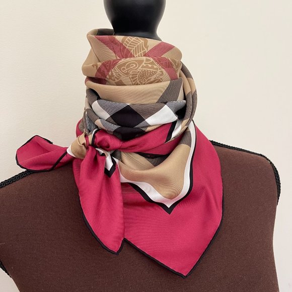 NWT Burberry Scarf Classic Beige Check Pattern Red Border Silk Scarf Wrap - Picture 11 of 13
